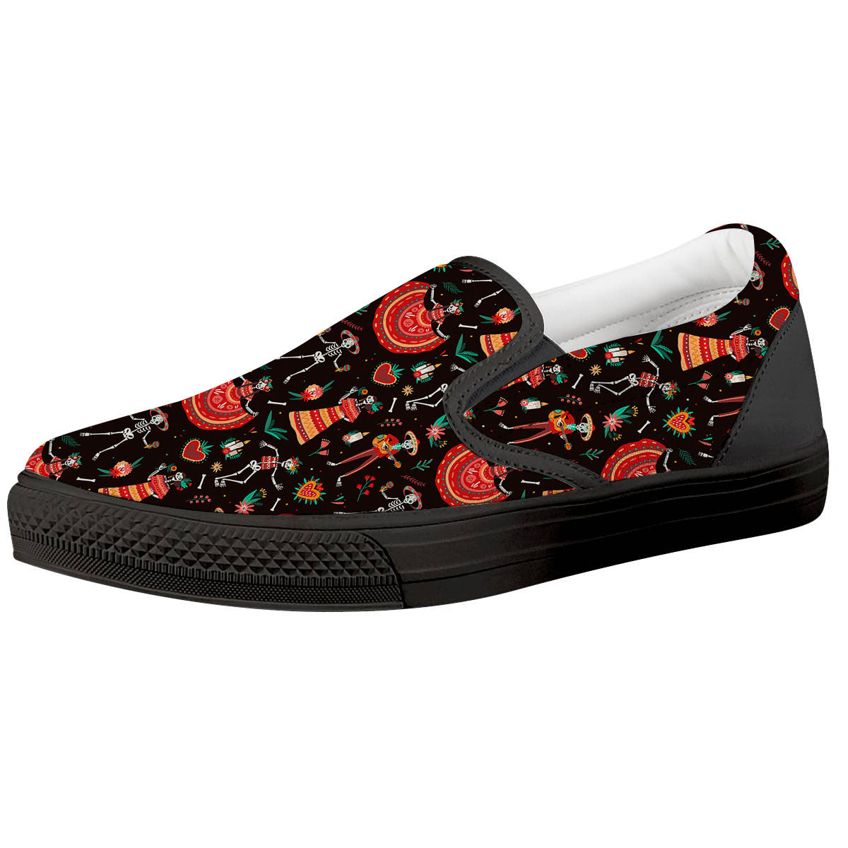 Mariachi Skeletons Day Of The Dead Print Pattern Black Slip On Shoes-grizzshop
