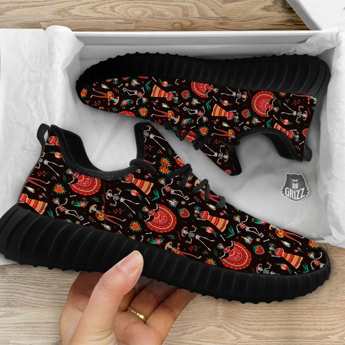 Mariachi Skeletons Day Of The Dead Print Pattern Black Walking Shoes-grizzshop