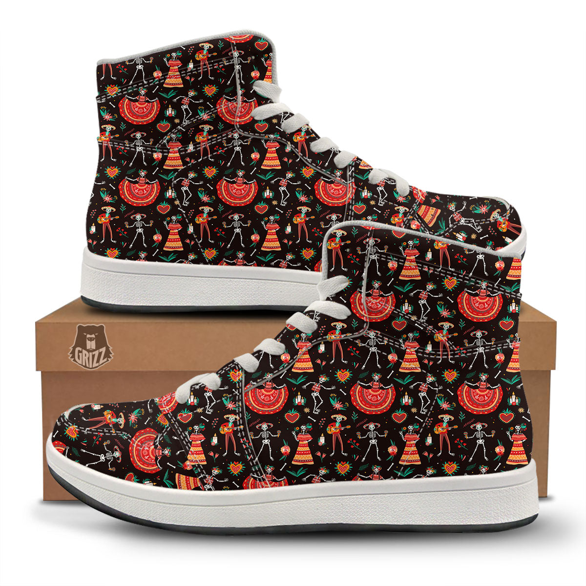Mariachi Skeletons Day Of The Dead Print Pattern High Top Sneakers-grizzshop