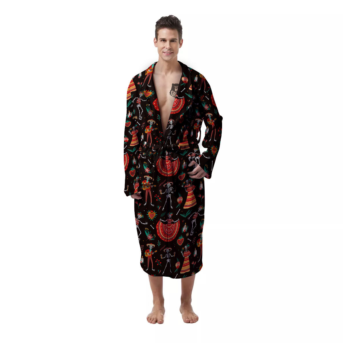 Mariachi Skeletons Day Of The Dead Print Pattern Men's Robe-grizzshop