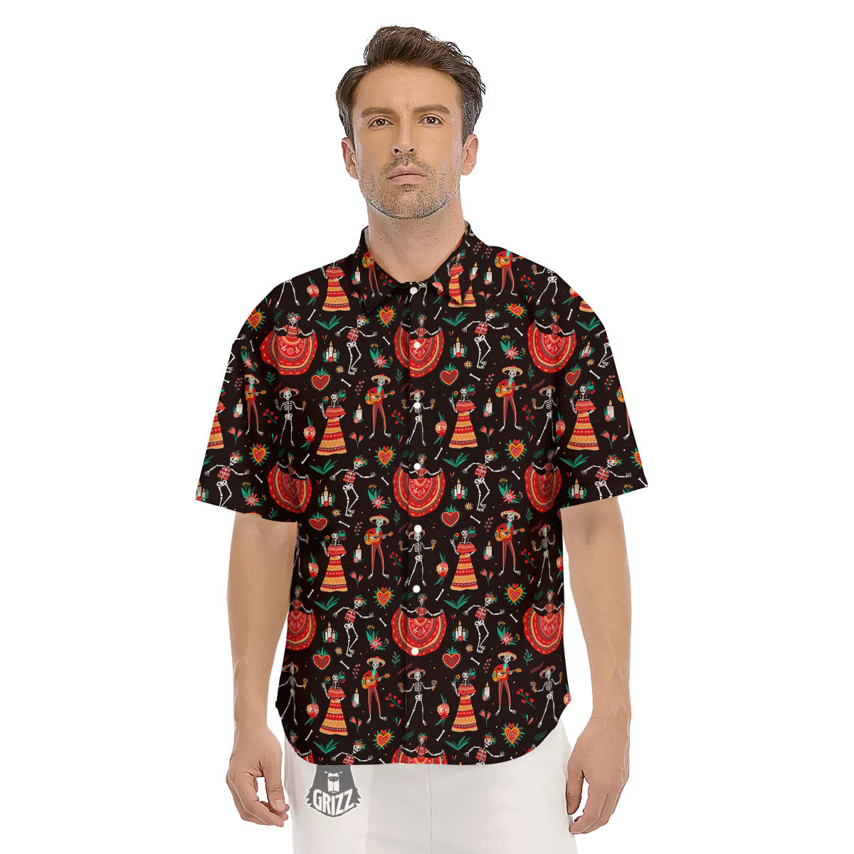 Mariachi Skeletons Day Of The Dead Print Pattern Men's Short Sleeve Shirts-grizzshop