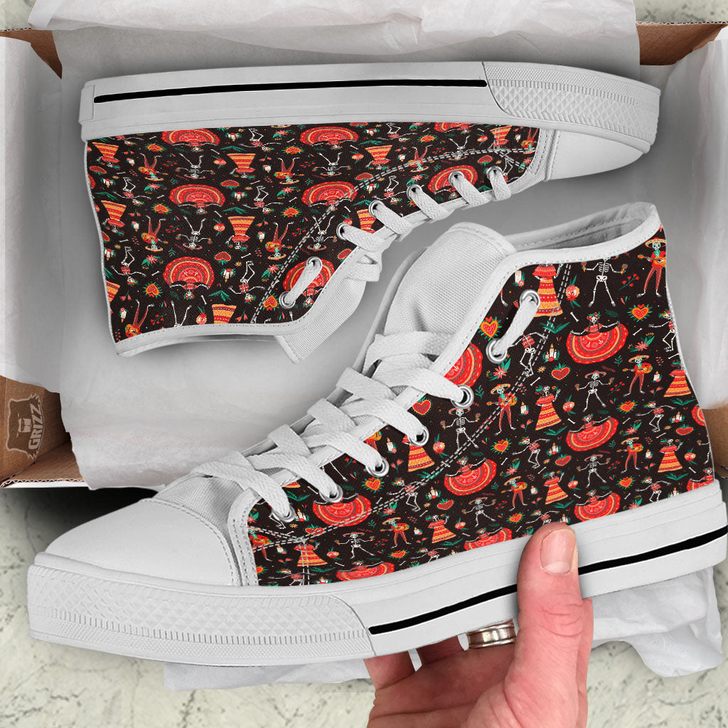 Mariachi Skeletons Day Of The Dead Print Pattern White High Top Shoes-grizzshop