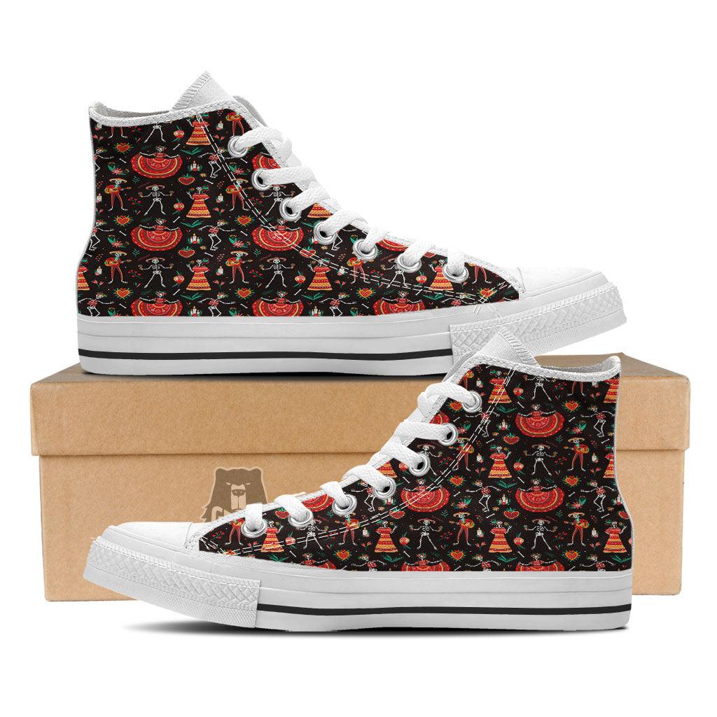 Mariachi Skeletons Day Of The Dead Print Pattern White High Top Shoes-grizzshop