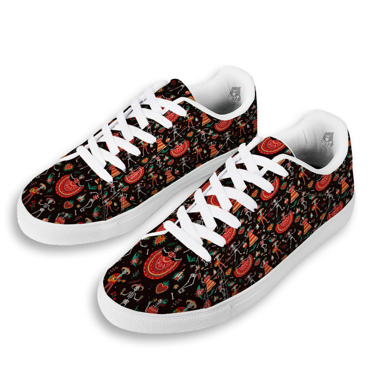 Mariachi Skeletons Day Of The Dead Print Pattern White Low Top Sneakers-grizzshop