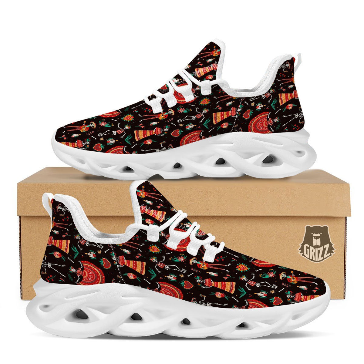 Mariachi Skeletons Day Of The Dead Print Pattern White Running Shoes-grizzshop