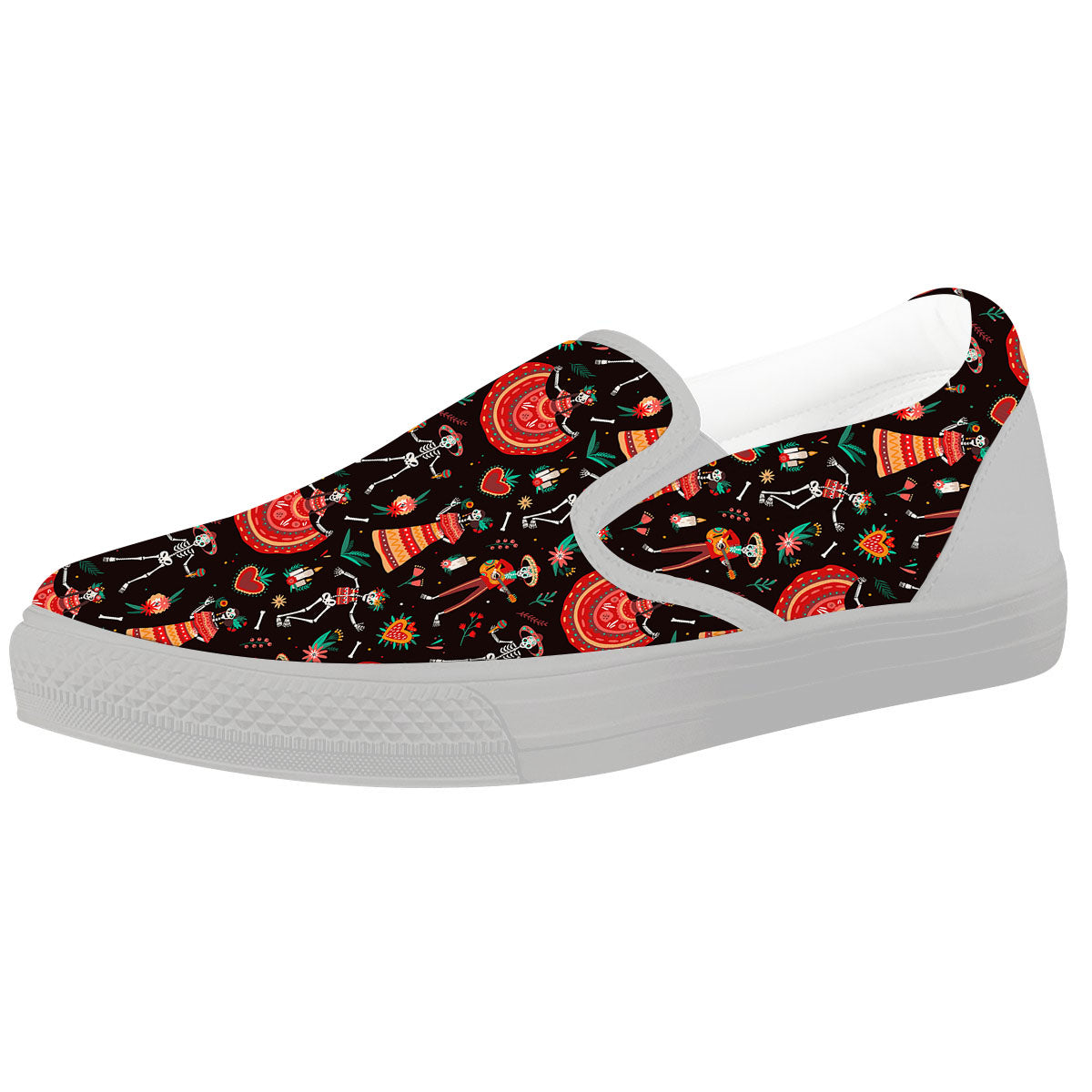 Mariachi Skeletons Day Of The Dead Print Pattern White Slip On Shoes-grizzshop