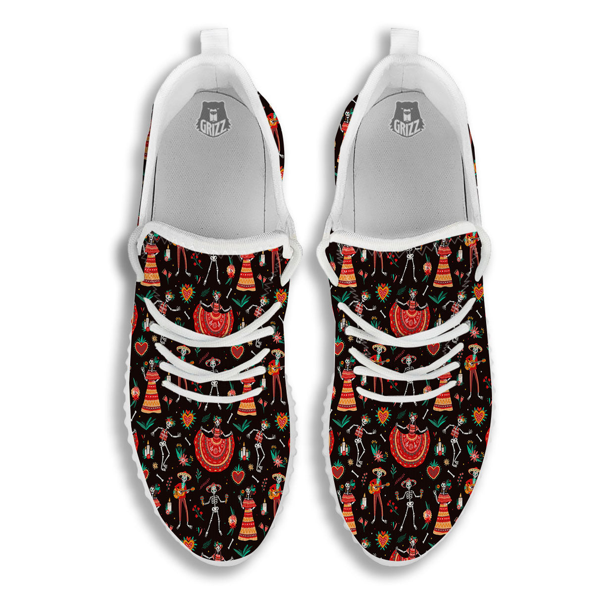 Mariachi Skeletons Day Of The Dead Print Pattern White Walking Shoes-grizzshop