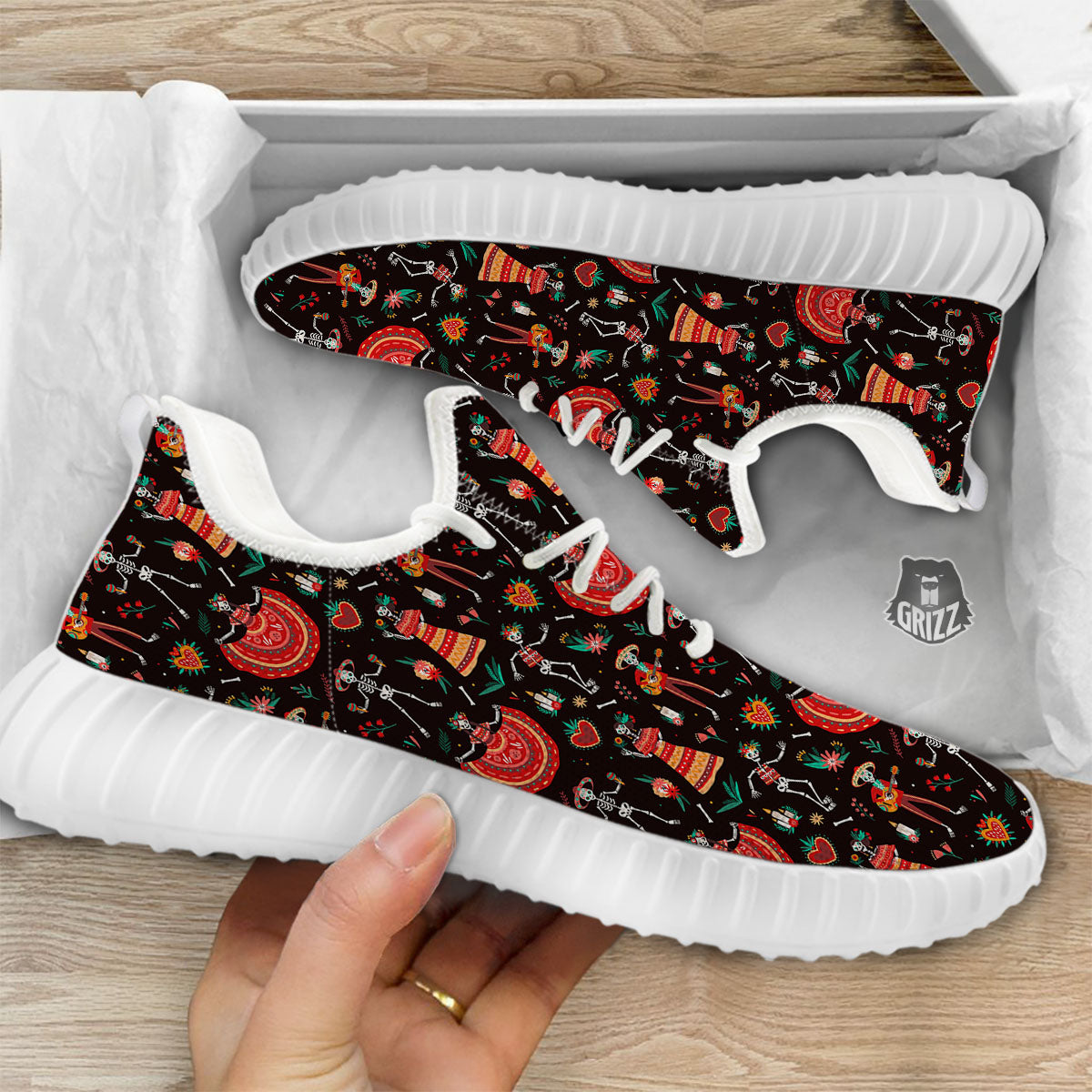 Mariachi Skeletons Day Of The Dead Print Pattern White Walking Shoes-grizzshop