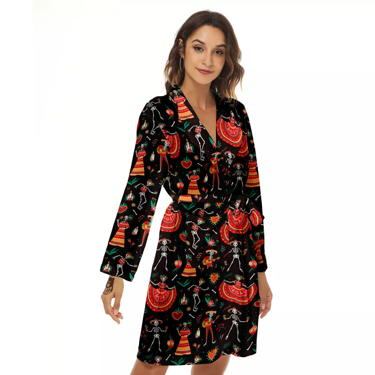 Mariachi Skeletons Day Of The Dead Print Pattern Women's Robe-grizzshop