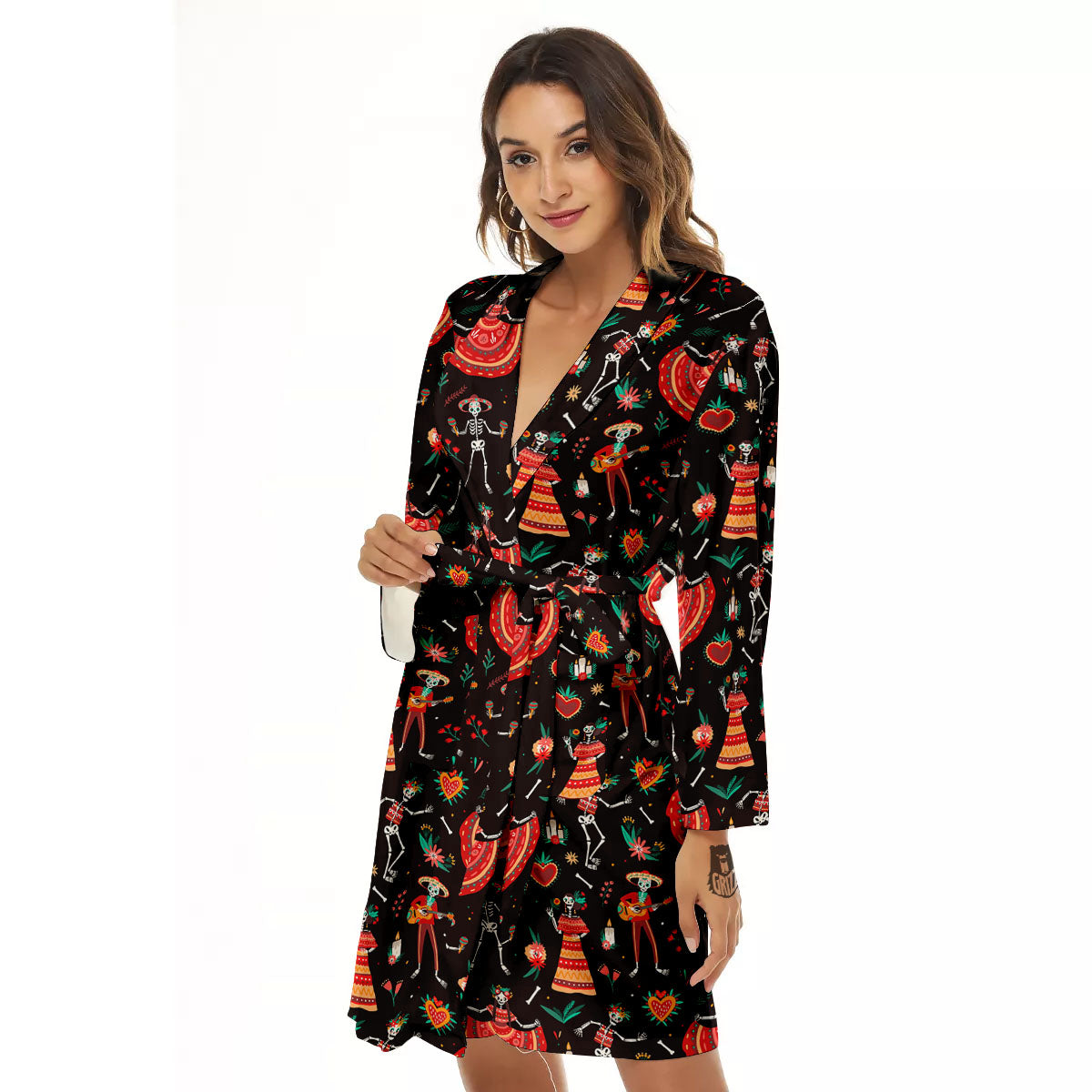 Mariachi Skeletons Day Of The Dead Print Pattern Women's Robe