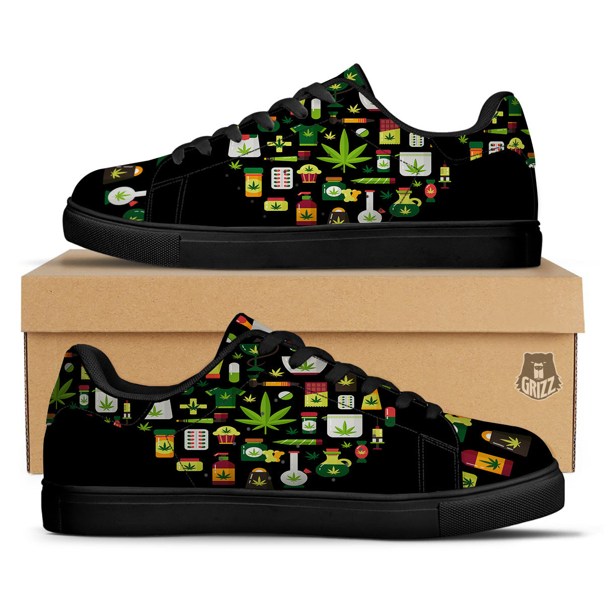 Marijuana And Cannabis Print Black Low Top Sneakers-grizzshop
