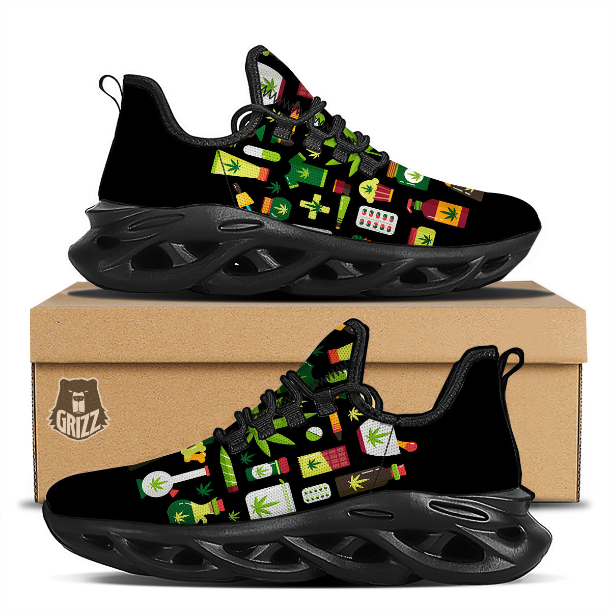 Marijuana And Cannabis Print Black Running Shoes-grizzshop
