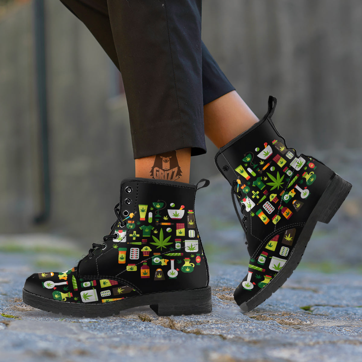 Marijuana And Cannabis Print Leather Boots-grizzshop
