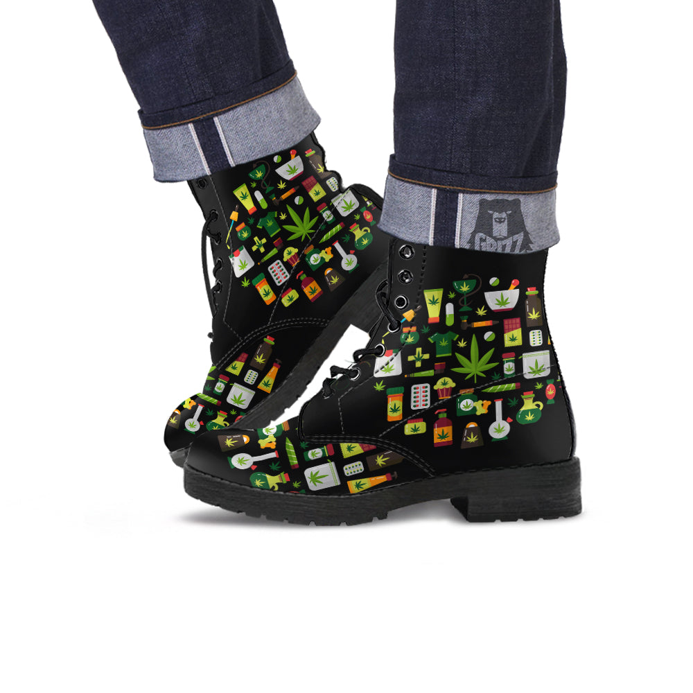 Marijuana And Cannabis Print Leather Boots-grizzshop