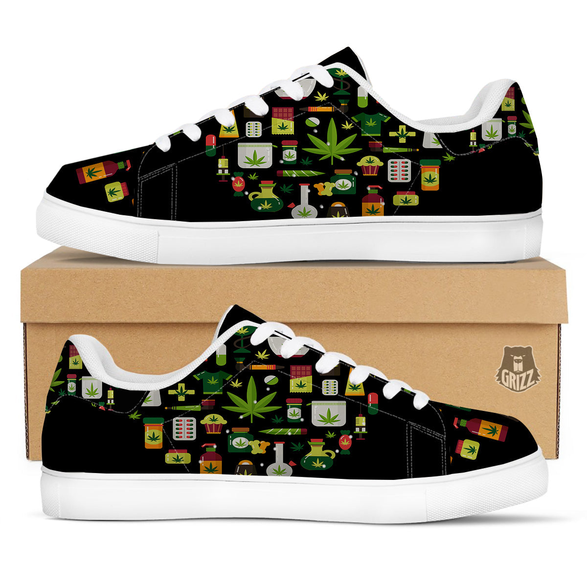 Marijuana And Cannabis Print White Low Top Sneakers-grizzshop