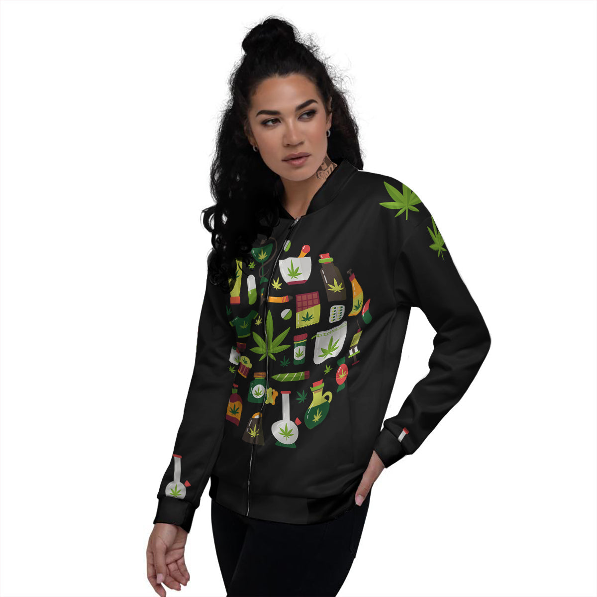 Marijuana And Cannabis Print Women's Bomber Jacket-grizzshop