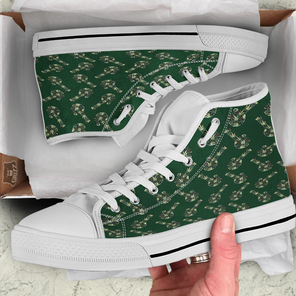 Marijuana Cannabis And Green Camo Print Pattern White High Top Shoes-grizzshop