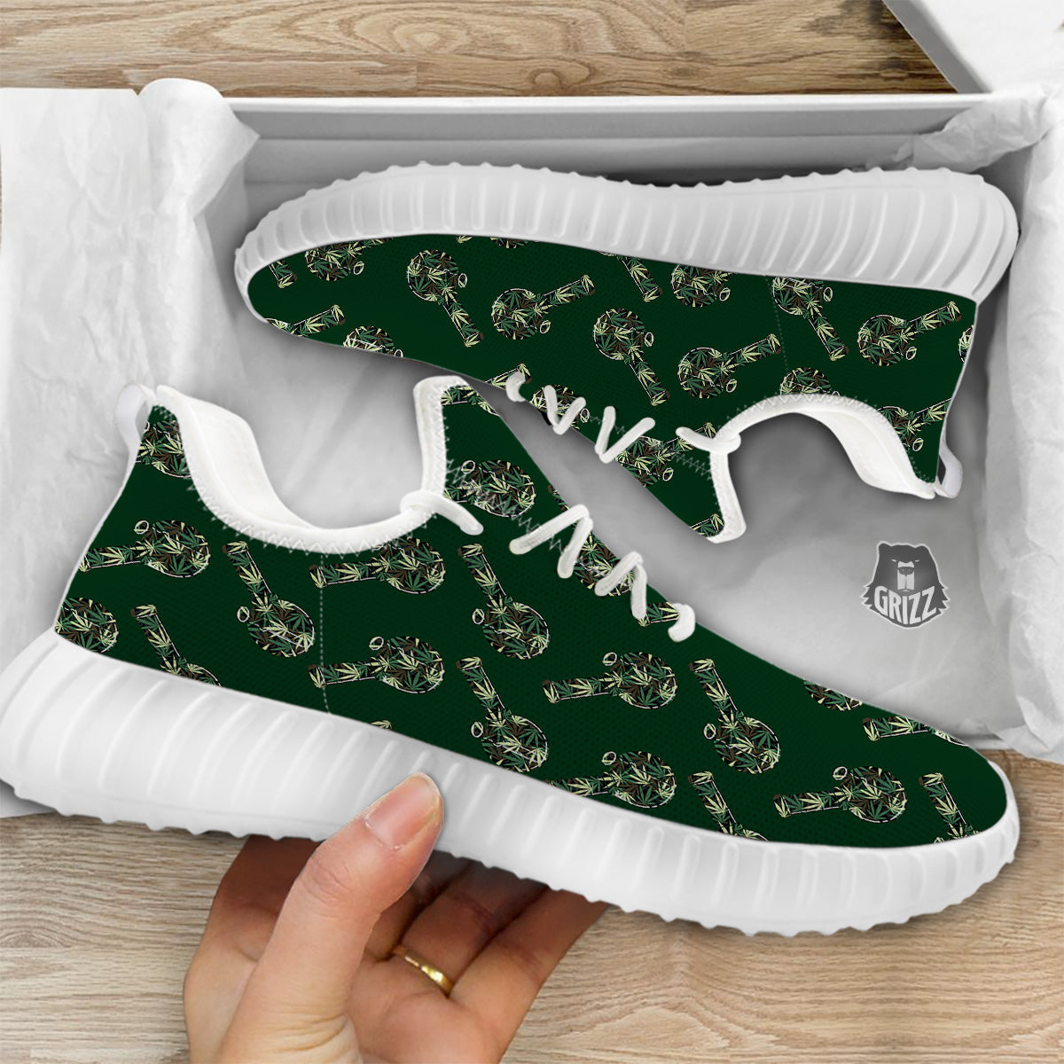 Marijuana Cannabis And Green Camo Print Pattern White Walking Shoes-grizzshop