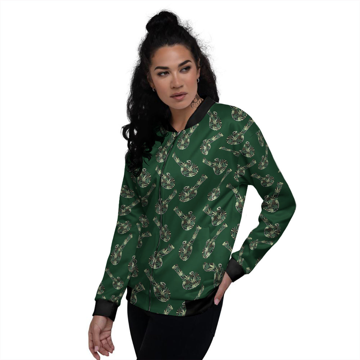 Marijuana Cannabis And Green Camo Print Pattern Women's Bomber Jacket-grizzshop