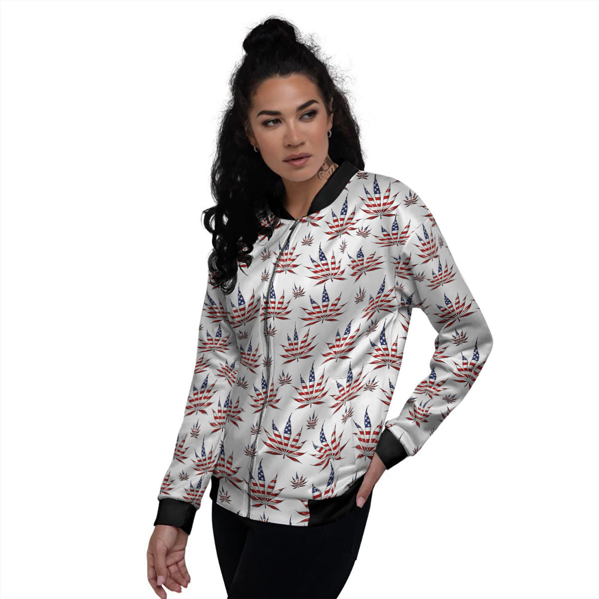 Marijuana Leaf American Print Pattern Women's Bomber Jacket-grizzshop
