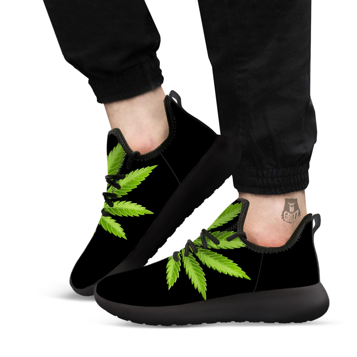 Marijuana Leaf Green Print Black Athletic Shoes-grizzshop