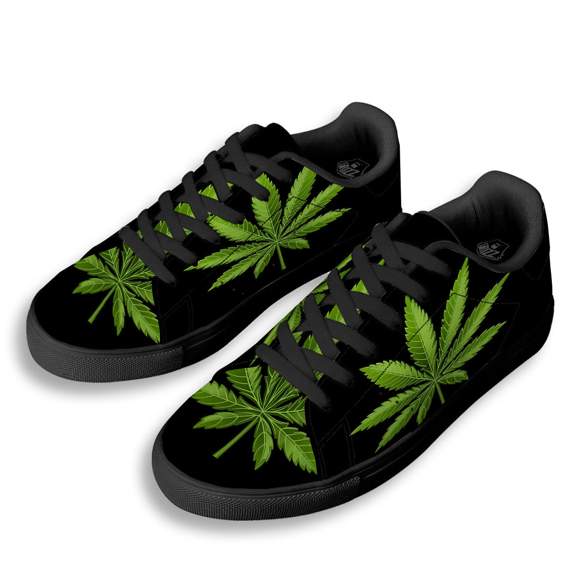 Marijuana Leaf Green Print Black Low Top Sneakers-grizzshop