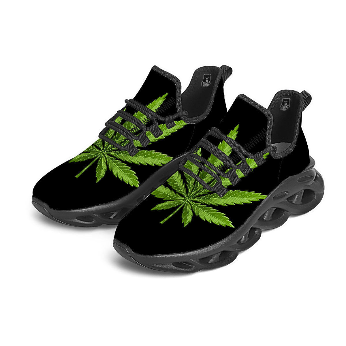 Marijuana Leaf Green Print Black Running Shoes-grizzshop