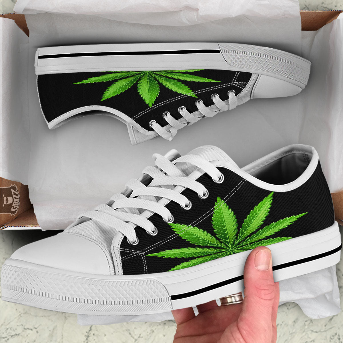 Marijuana Leaf Green Print White Low Top Shoes-grizzshop