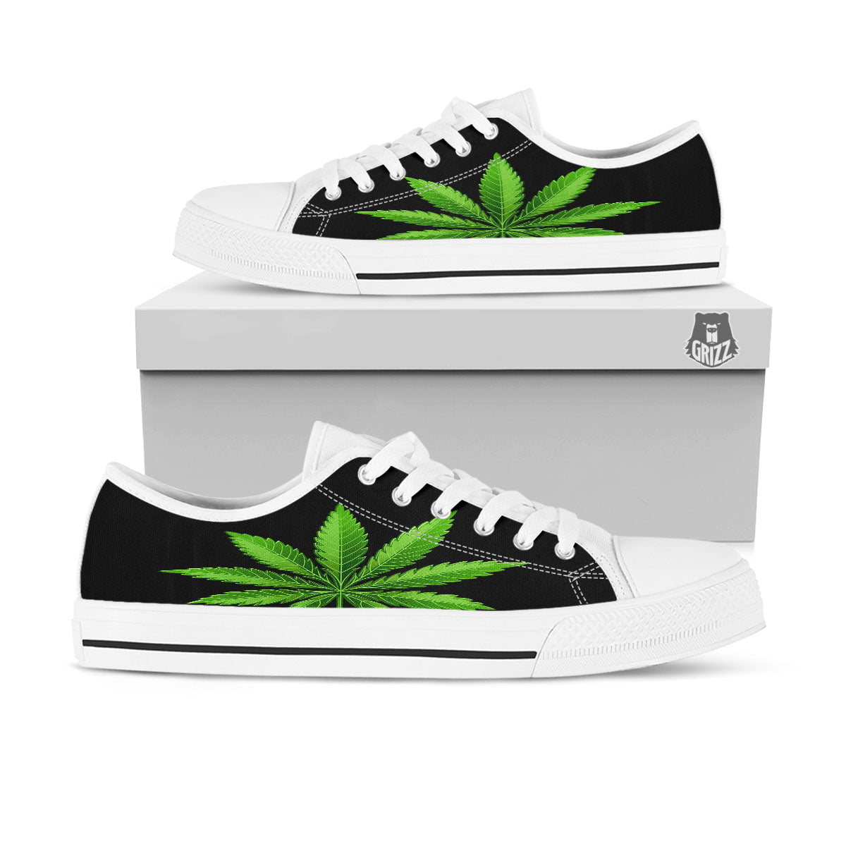 Marijuana Leaf Green Print White Low Top Shoes-grizzshop