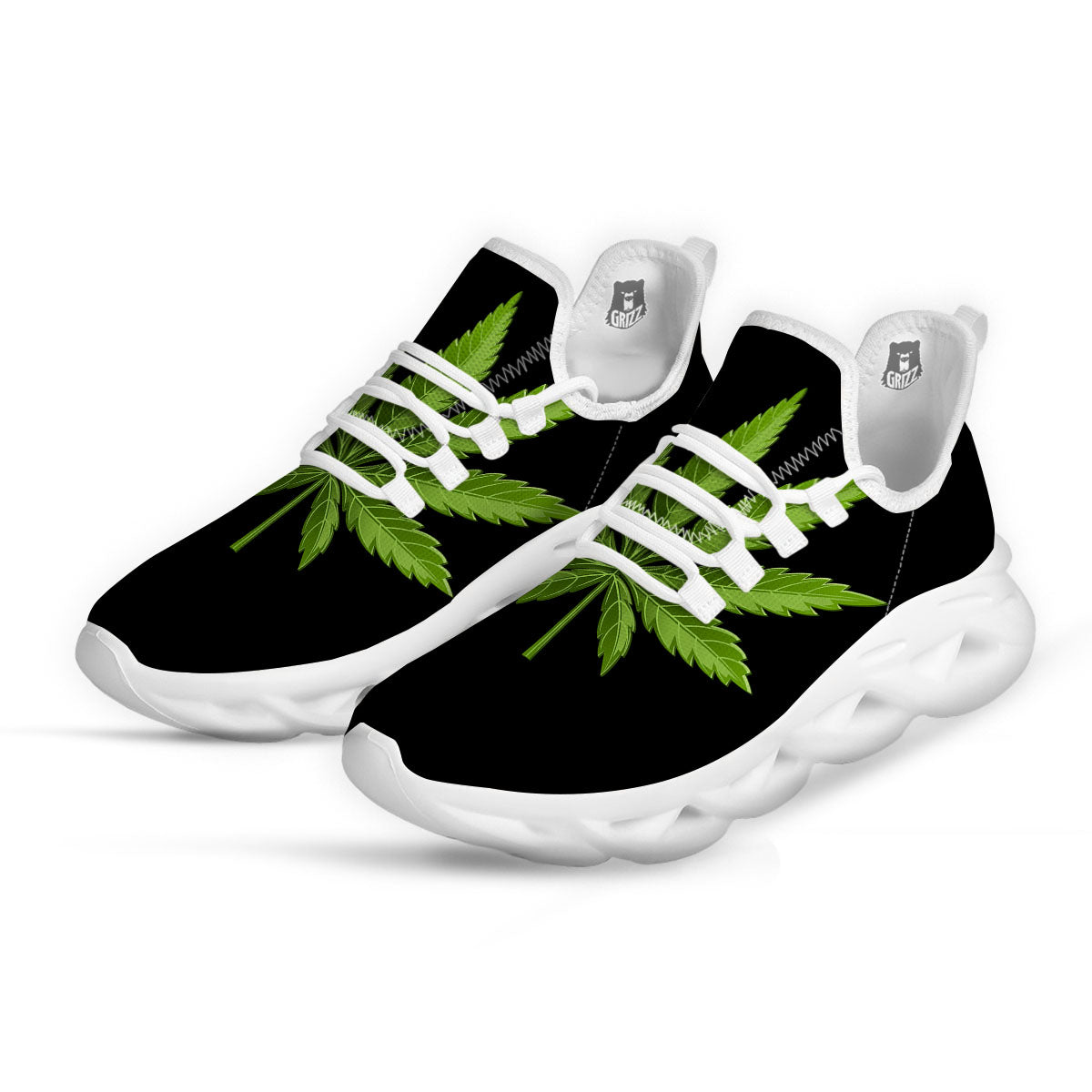 Marijuana Leaf Green Print White Running Shoes-grizzshop