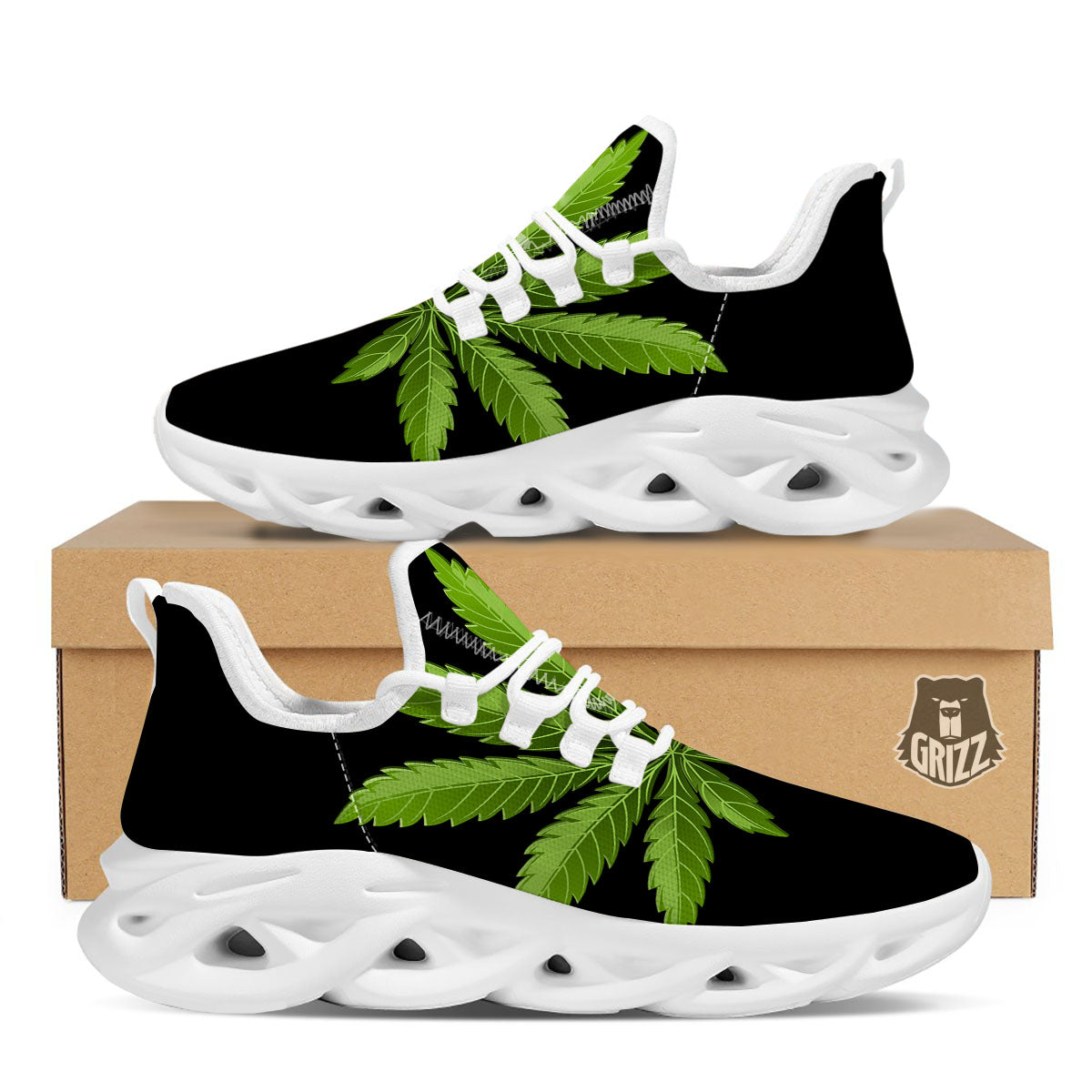 Marijuana Leaf Green Print White Running Shoes-grizzshop