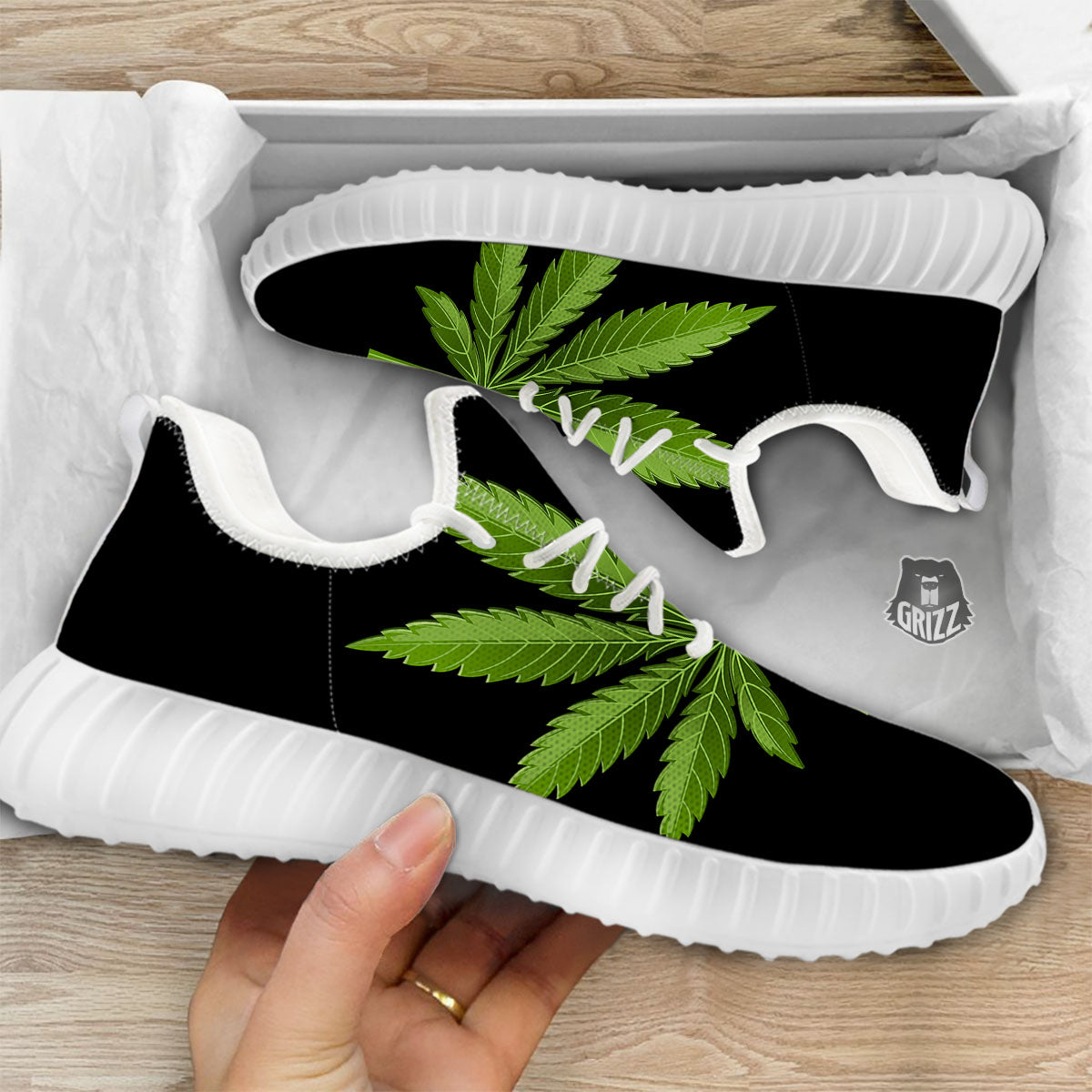 Marijuana Leaf Green Print White Walking Shoes-grizzshop