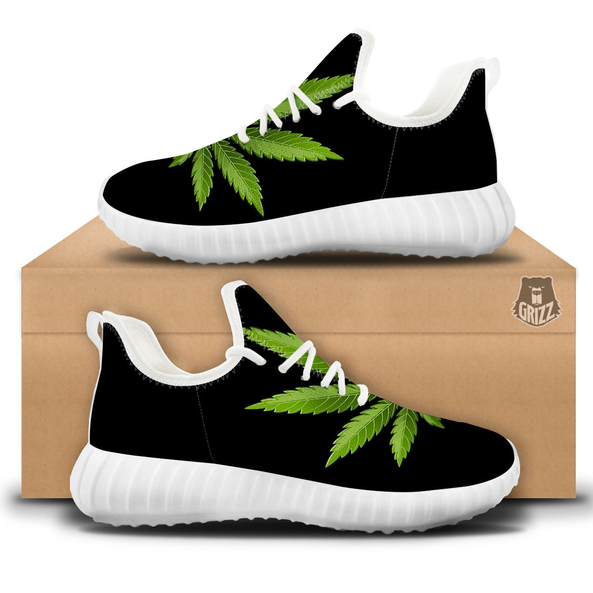 Marijuana Leaf Green Print White Walking Shoes-grizzshop