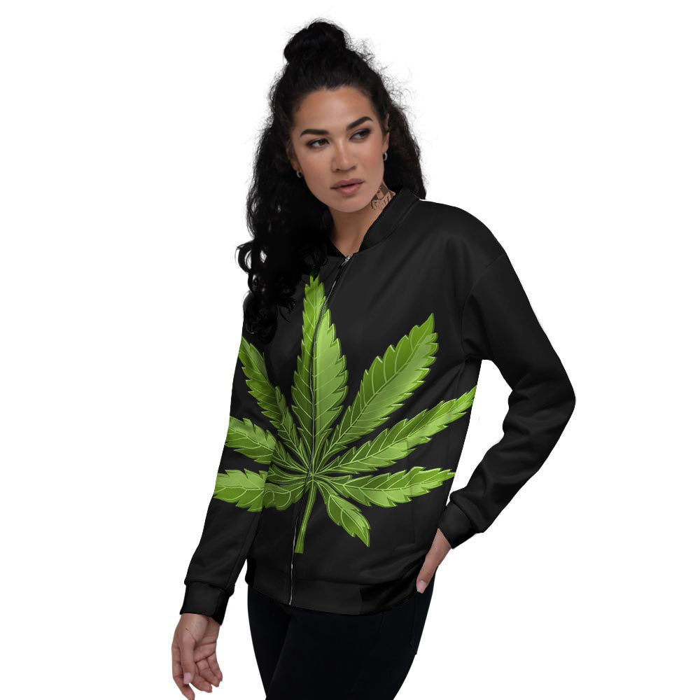 Marijuana Leaf Green Print Women's Bomber Jacket-grizzshop