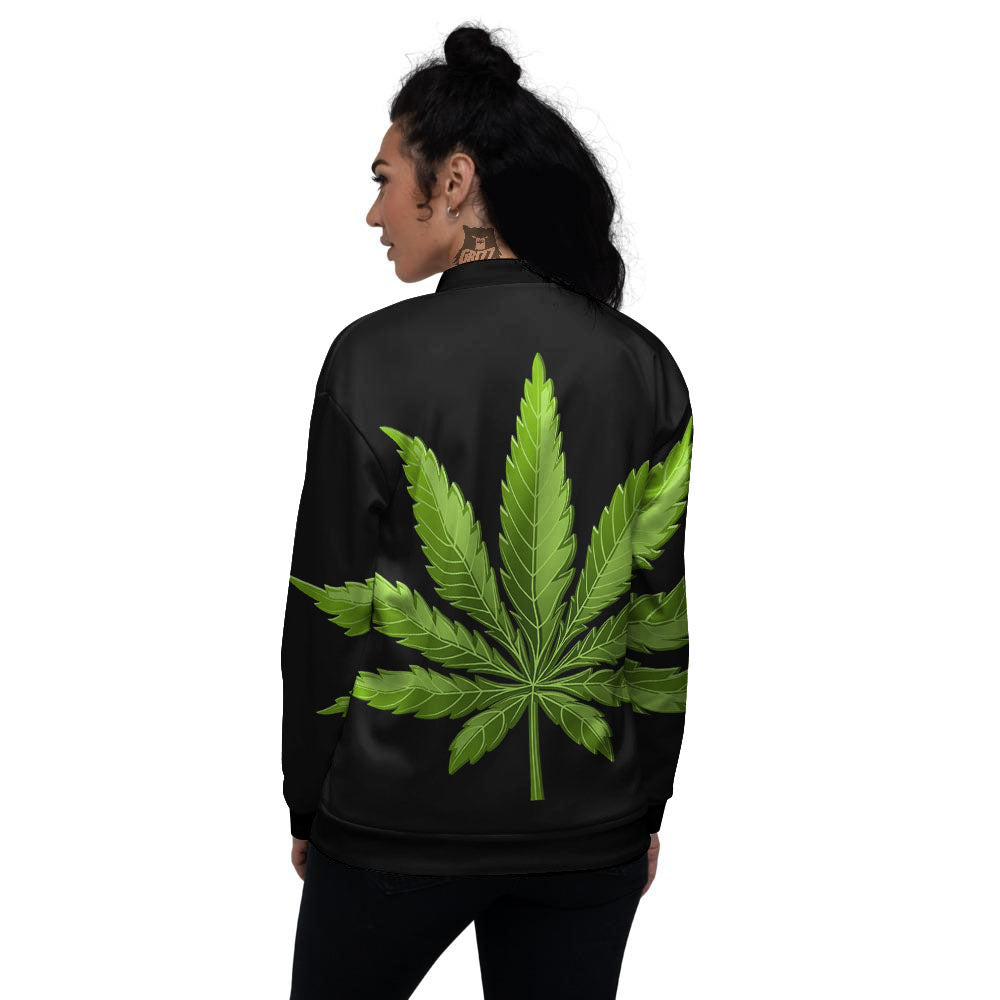 Marijuana Leaf Green Print Women's Bomber Jacket-grizzshop