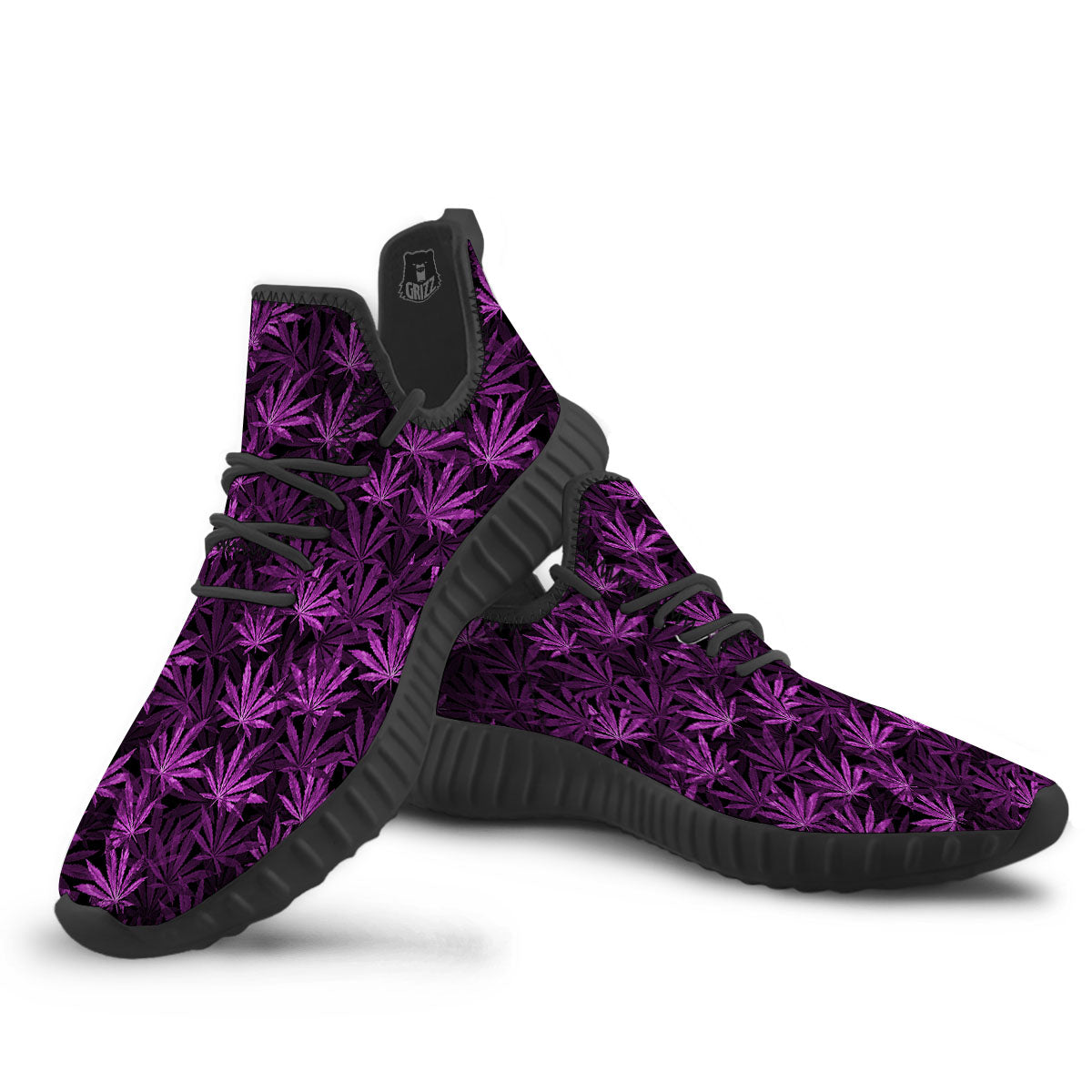 Marijuana Leaf Purple Print Pattern Black Walking Shoes-grizzshop