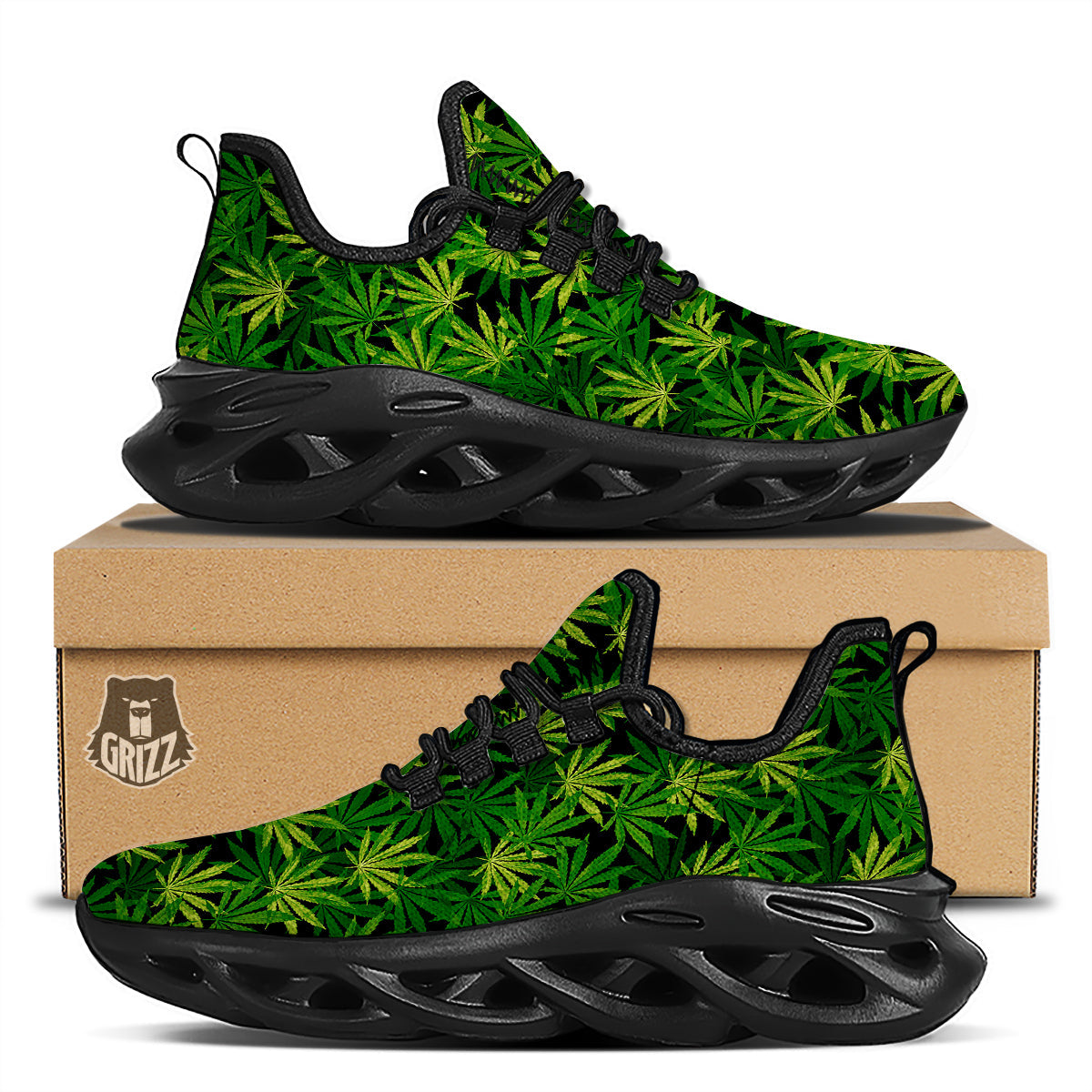 Marijuana Leaf Watercolor Print Pattern Black Running Shoes-grizzshop