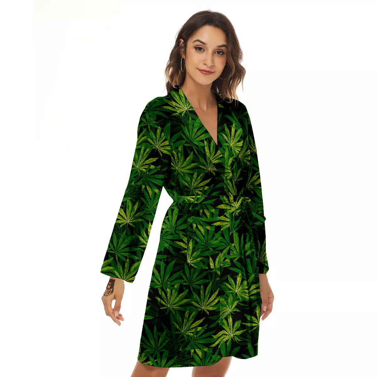 Marijuana Leaf Watercolor Print Pattern Women's Robe-grizzshop