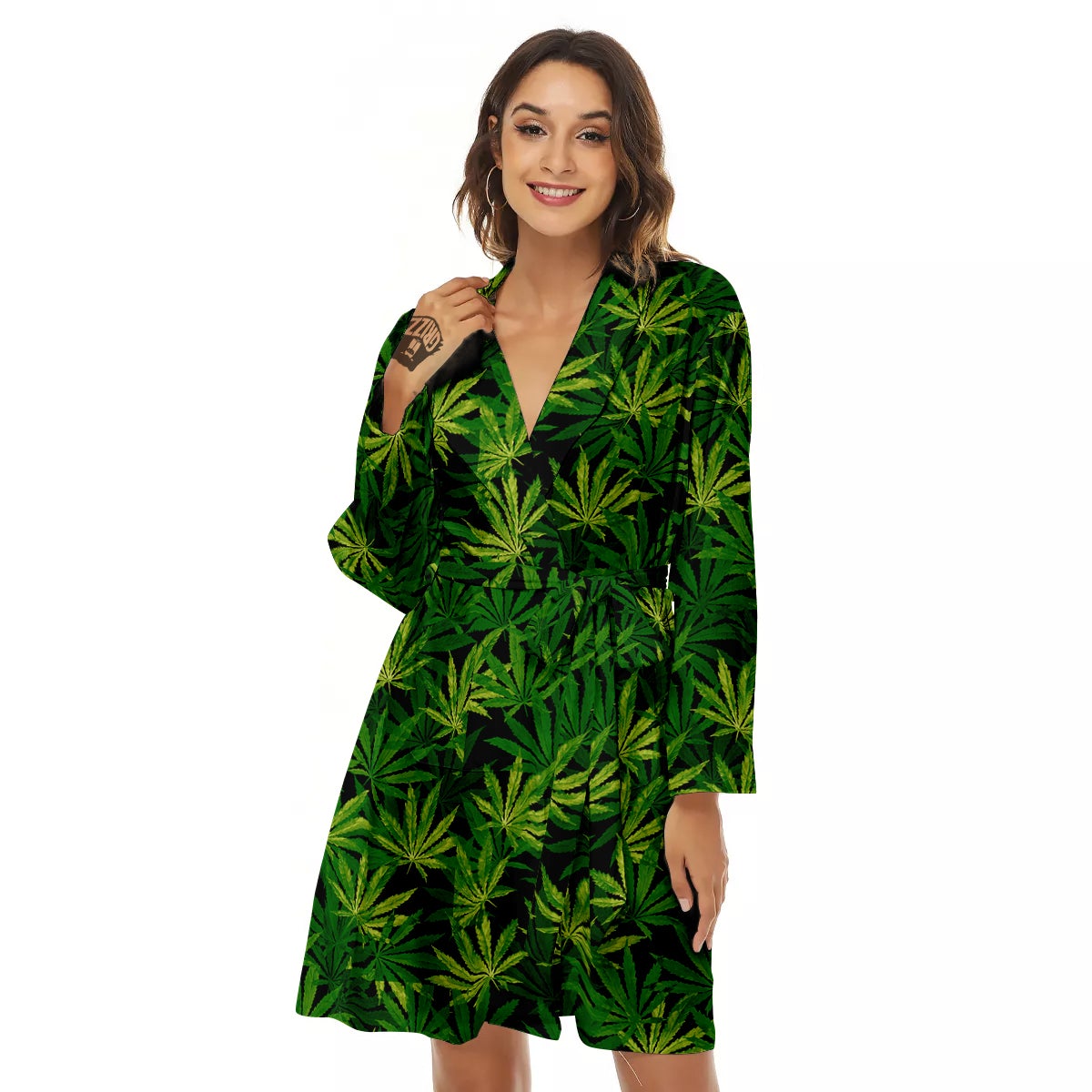 Marijuana Leaf Watercolor Print Pattern Women's Robe-grizzshop