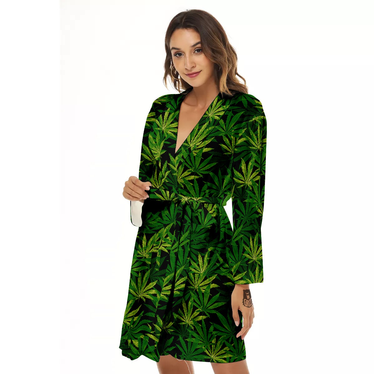 Marijuana Leaf Watercolor Print Pattern Women's Robe-grizzshop