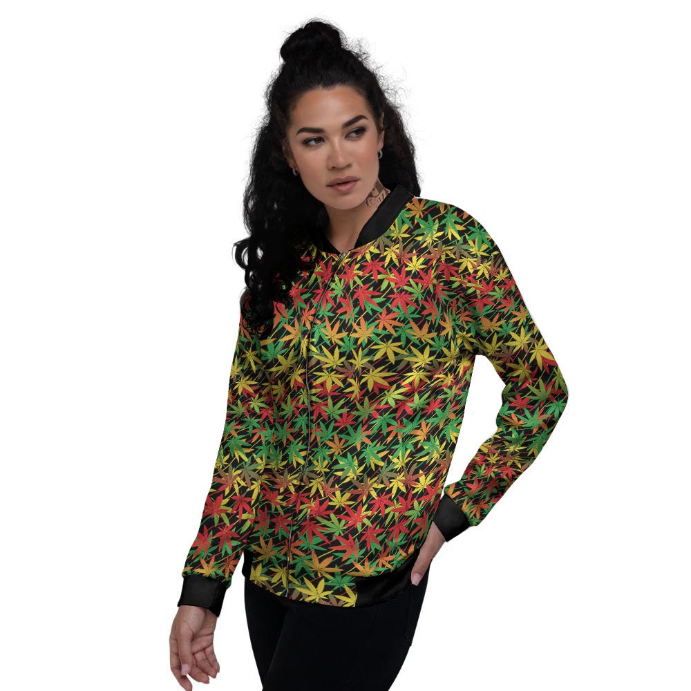 Marijuana Rasta Print Pattern Women's Bomber Jacket-grizzshop