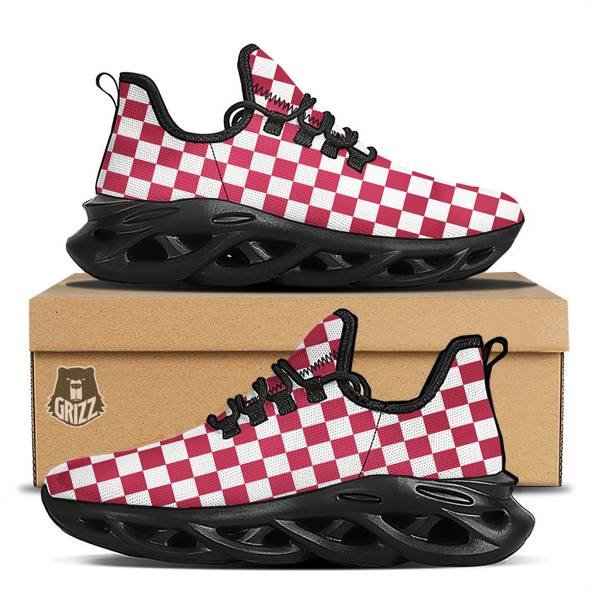 Maroon Checkered Flag Print Black Running Shoes-grizzshop
