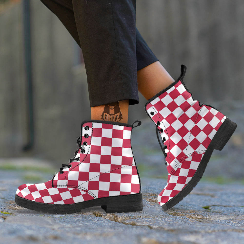 Maroon Checkered Flag Print Leather Boots-grizzshop