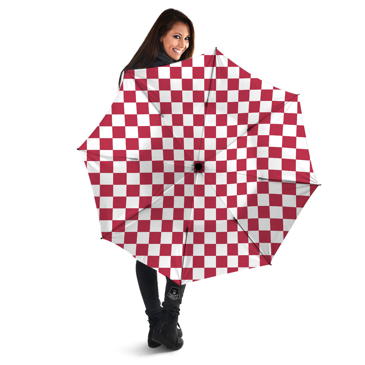 Maroon Checkered Flag Print Umbrella-grizzshop