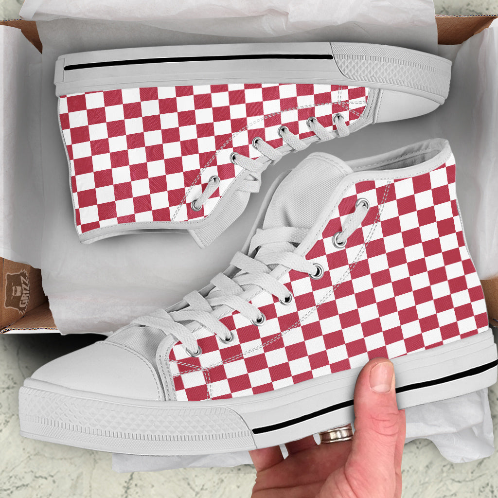 Maroon Checkered Flag Print White High Top Shoes-grizzshop