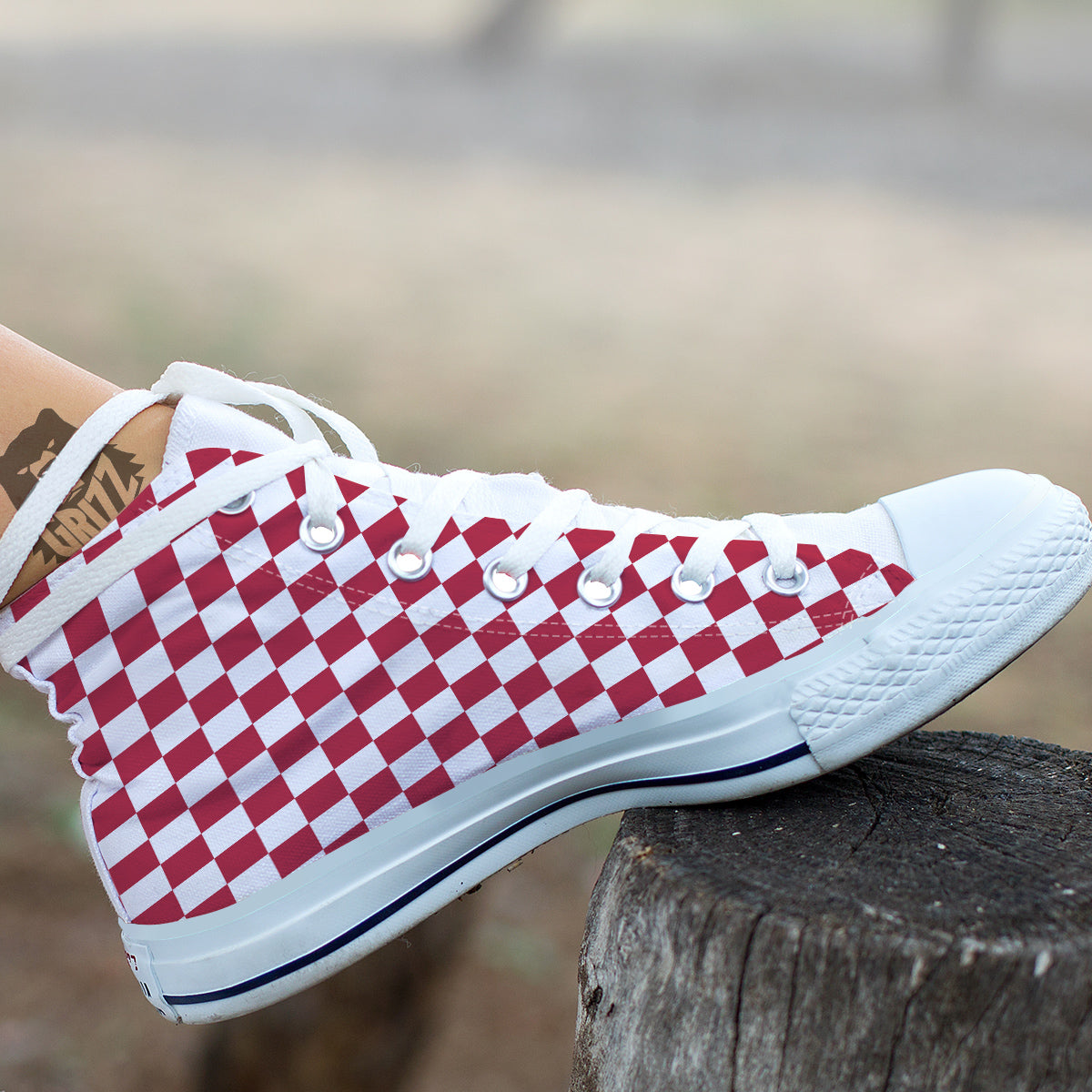 Maroon Checkered Flag Print White High Top Shoes-grizzshop