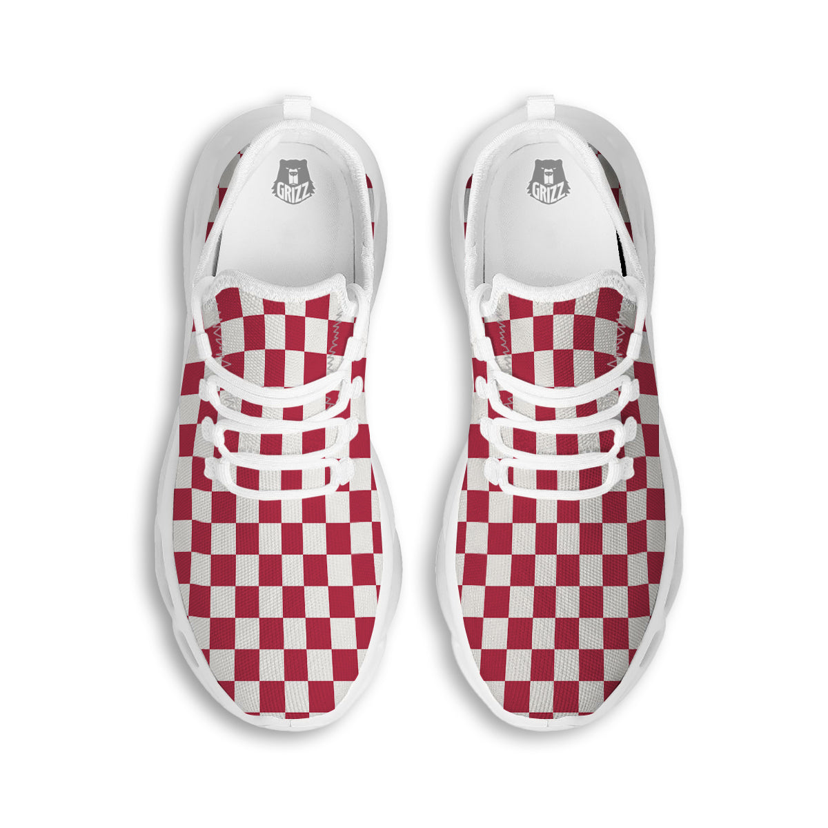 Maroon Checkered Flag Print White Running Shoes-grizzshop