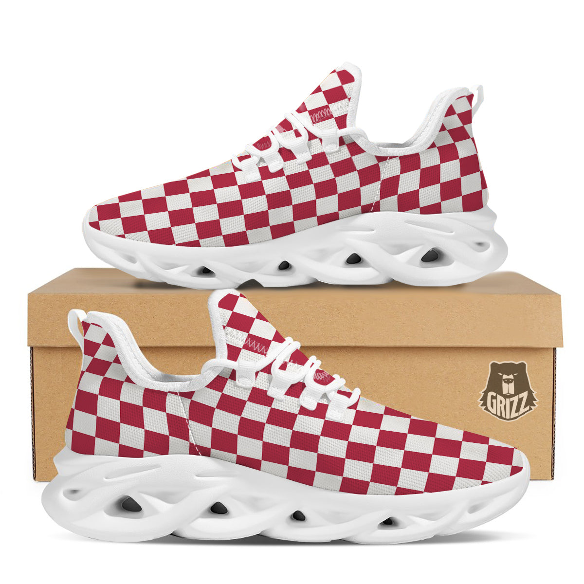 Maroon Checkered Flag Print White Running Shoes-grizzshop