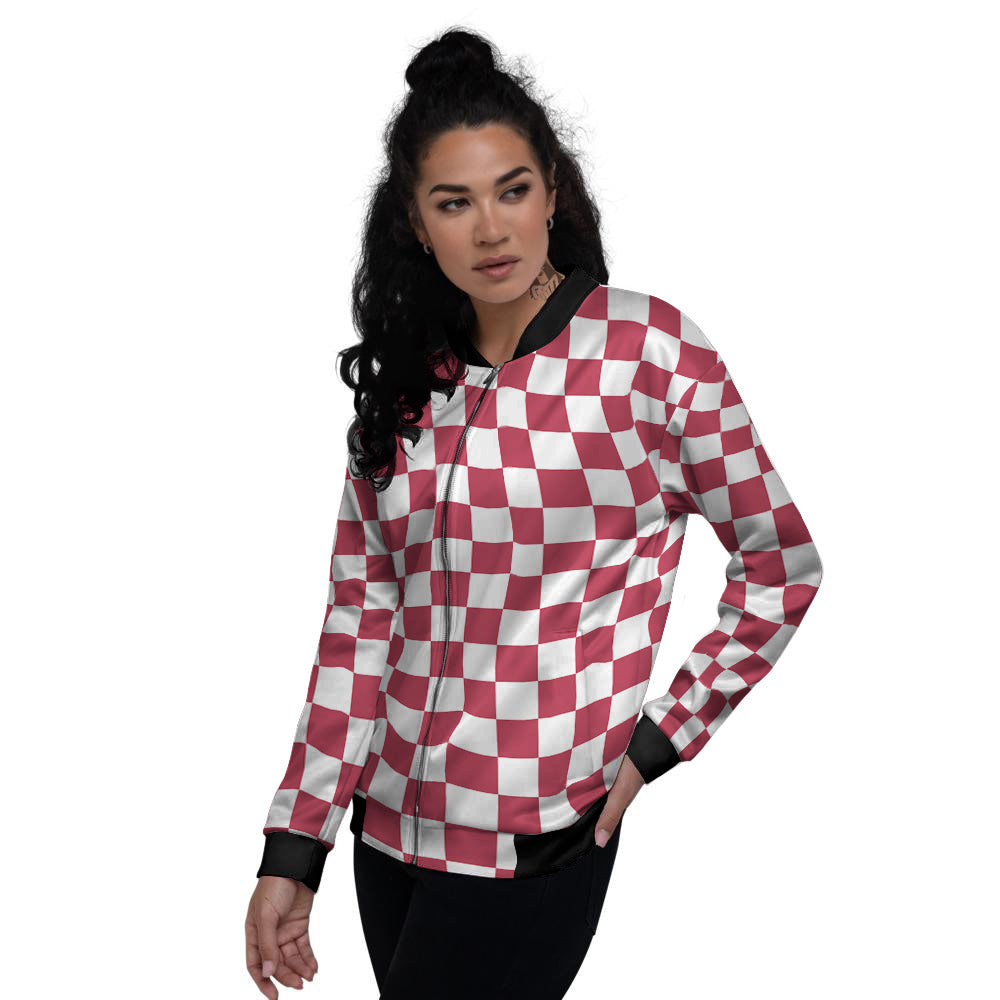 Maroon Checkered Flag Print Women's Bomber Jacket-grizzshop