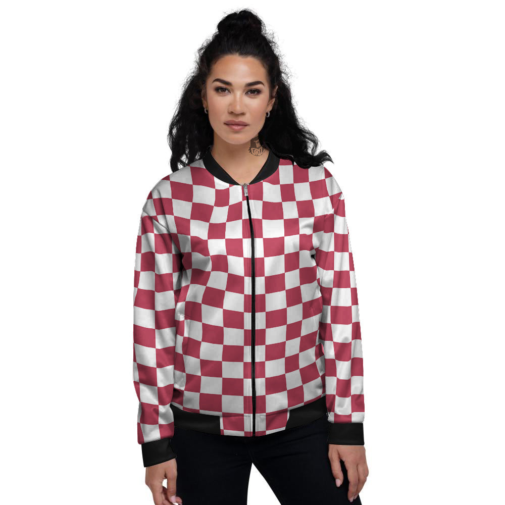 Maroon Checkered Flag Print Women's Bomber Jacket-grizzshop